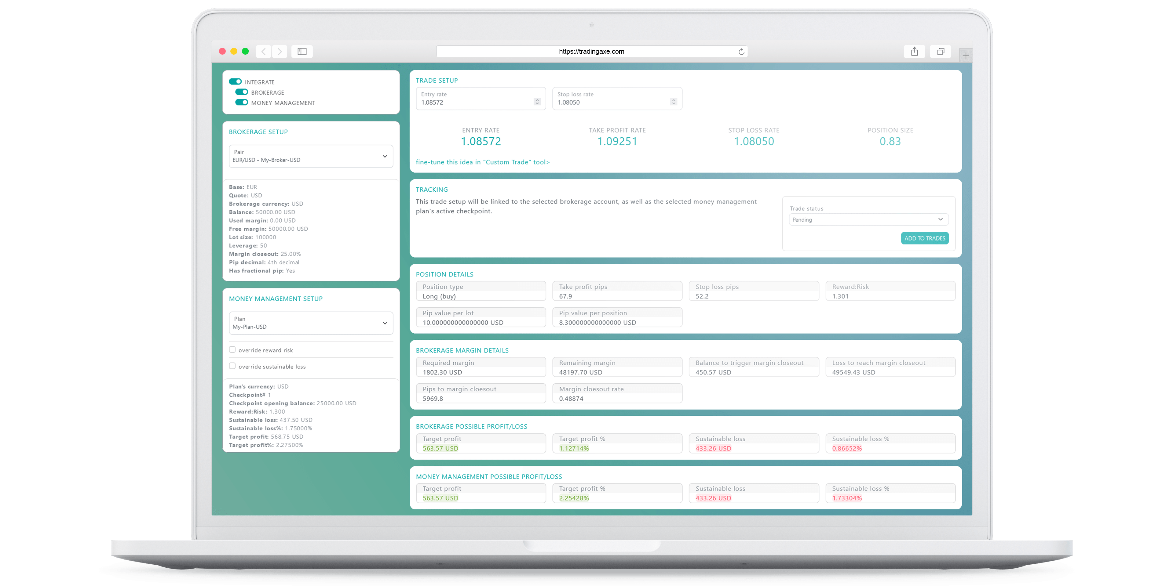 Screenshot of creating a trade by stop loss rate tool overview